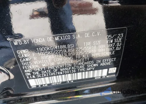 2024 Honda Hr-V 2Wd Sport/2Wd Sport W/O Bsi из США, поврежденный, VIN 3CZRZ1H57RM700136